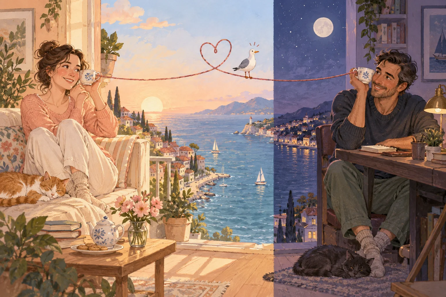 A couple connects across a day-and-night seaside landscape with a string telephone.