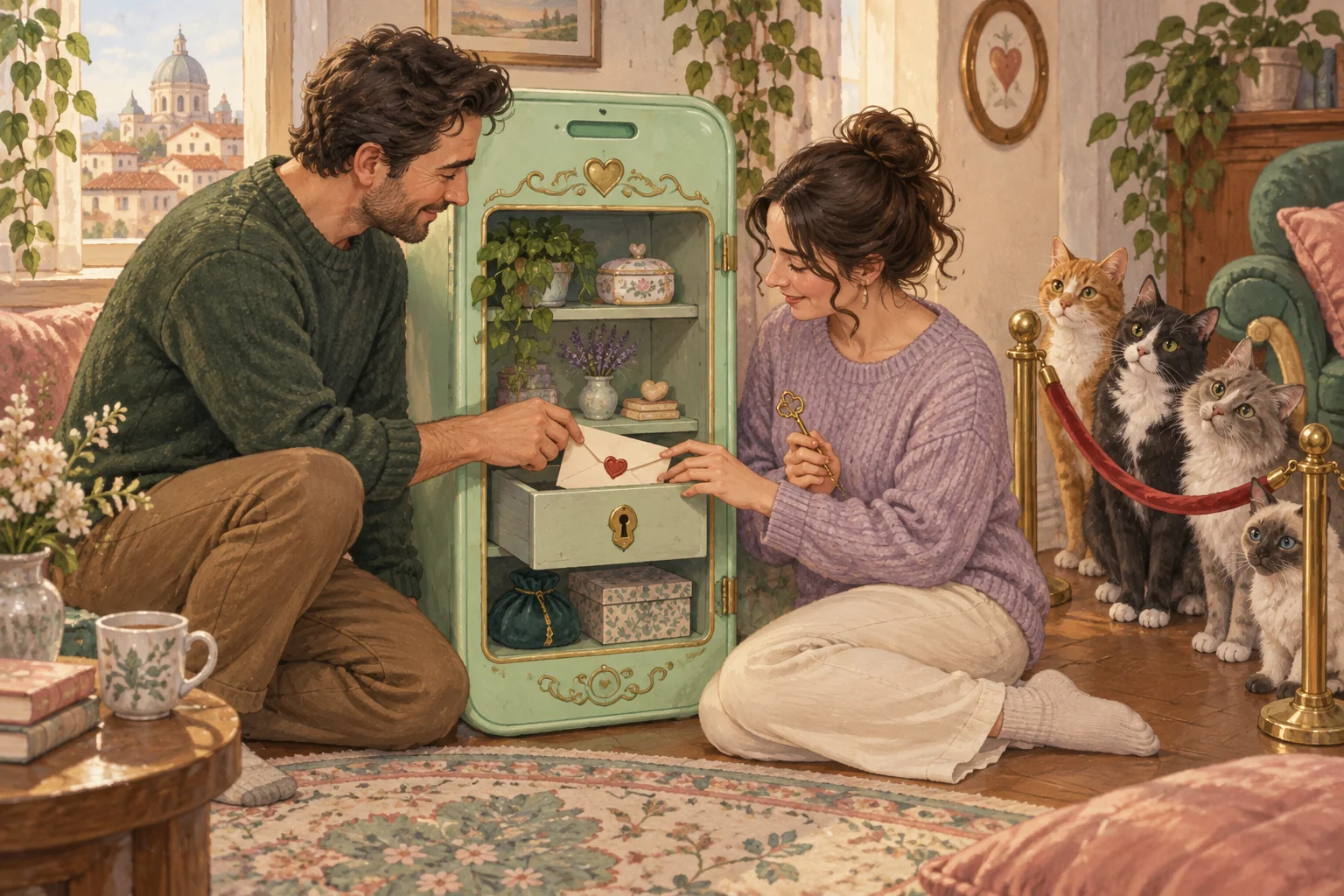 A couple puts a sealed letter into a lockable miniature cupboard beside curious cats.