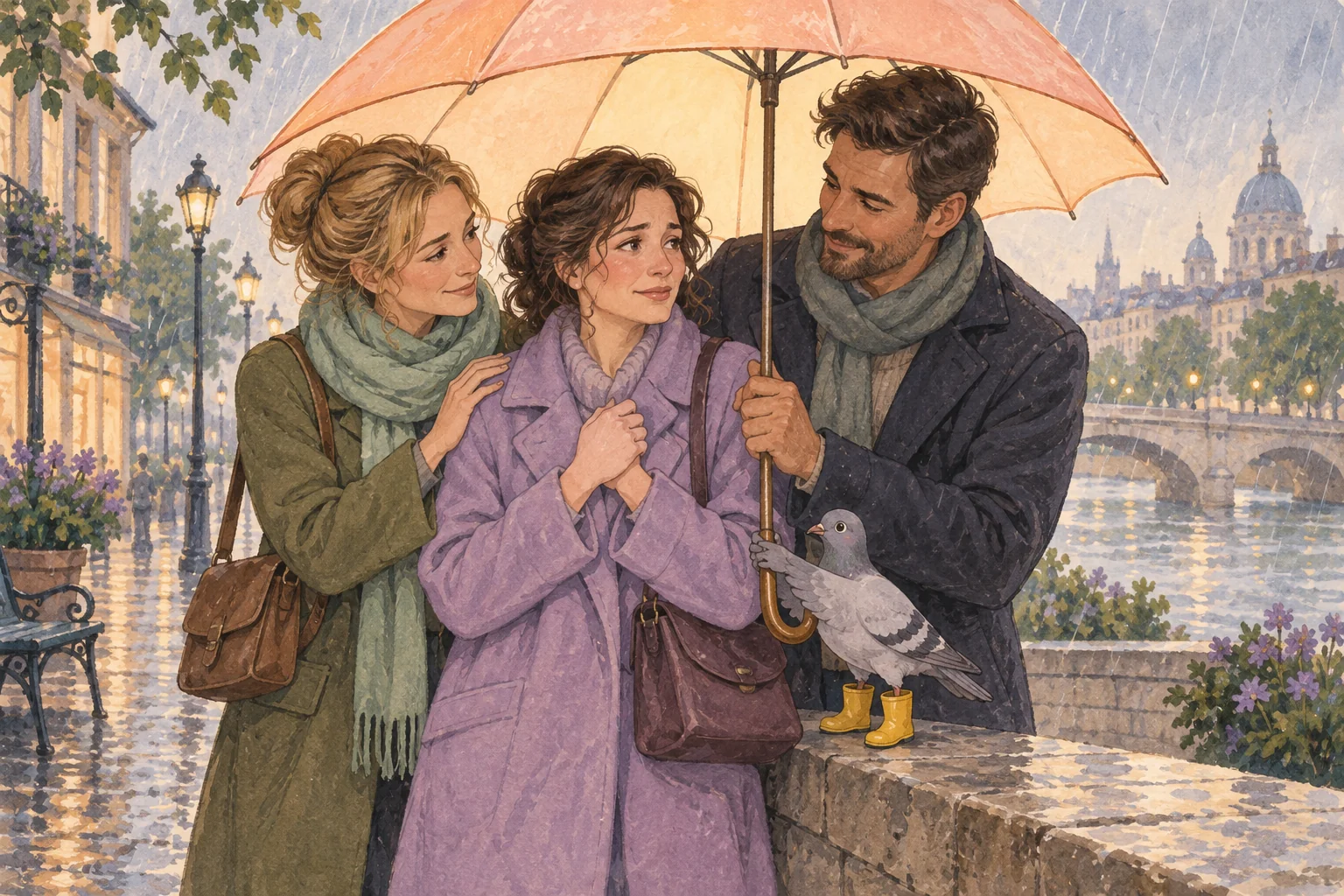 Two friends shelter a woman under a peach umbrella with help from a small pigeon.